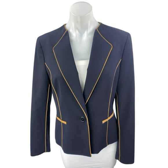 Nine West Women's Blue Orange Trim Long Sleeve One Button Blazer Coat Jacket 6 - Picture 1 of 4